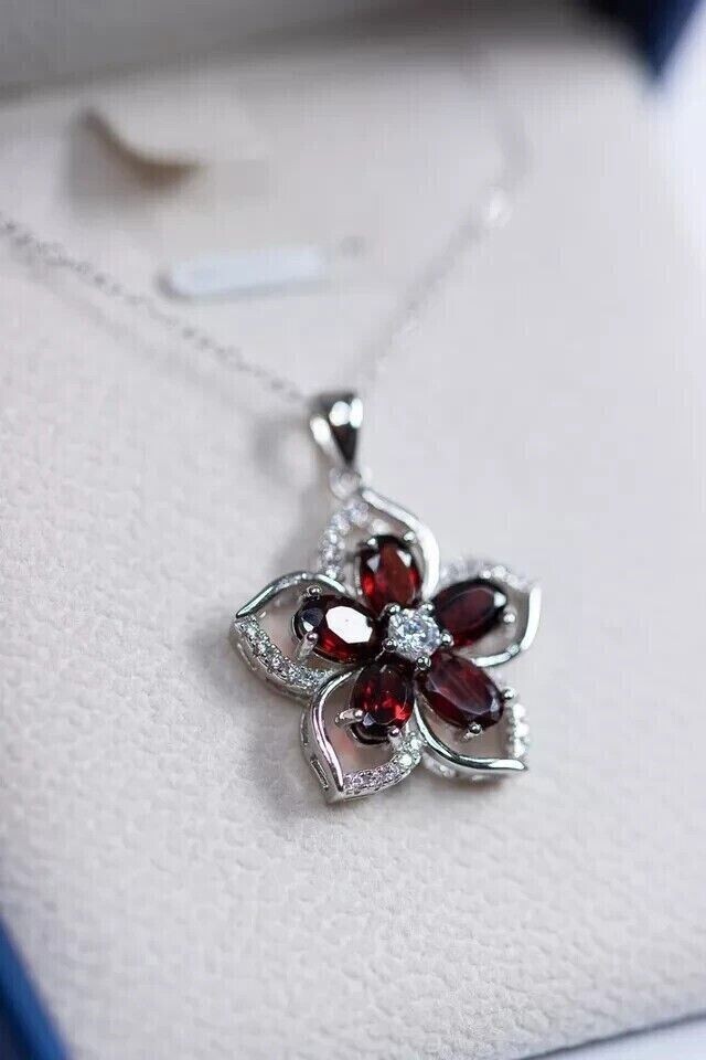 Women’s Gorgeous Flower Pendant Oval Simulated Red Garnet 14k White Gold Plated