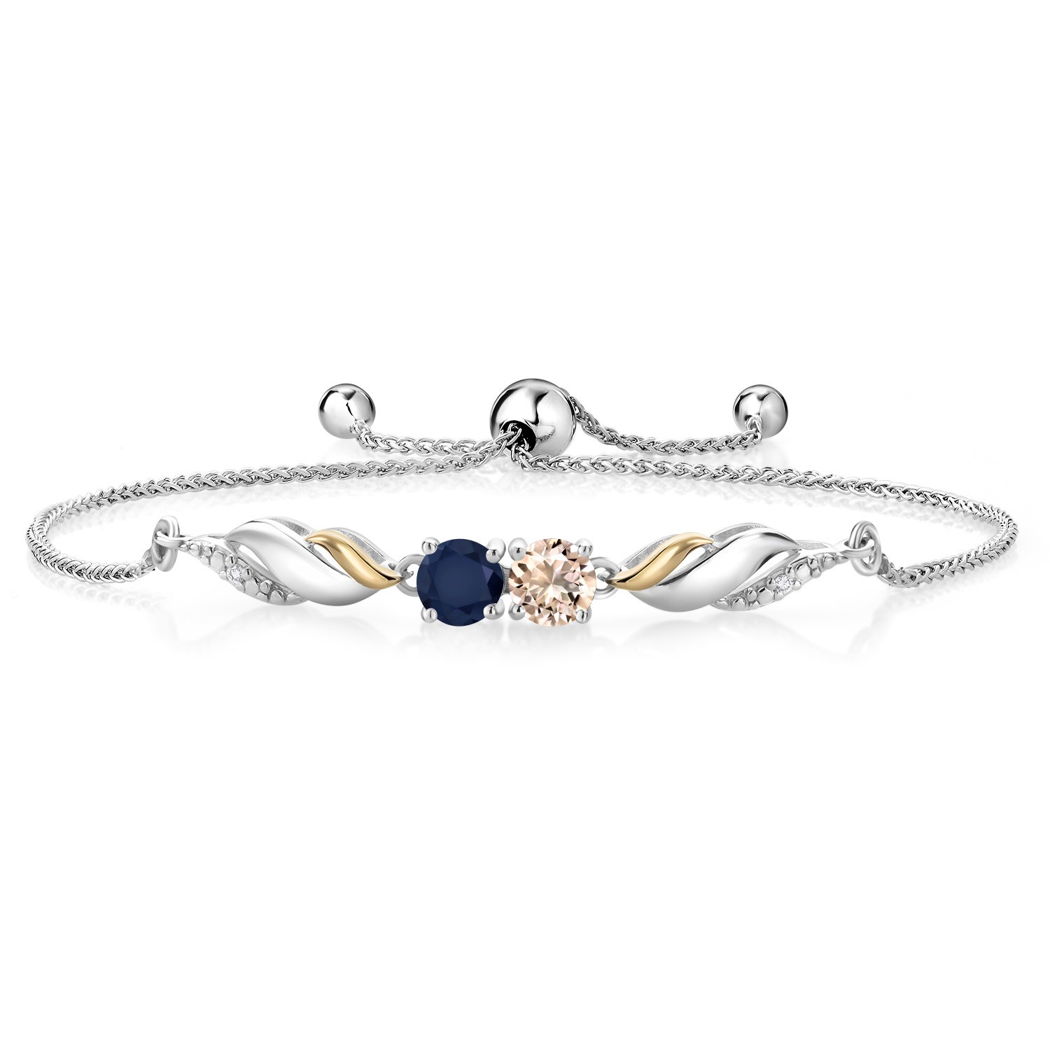1.02 Ct Peach Morganite Blue Sapphire 925 Silver and 10K Yellow Gold Bracelet