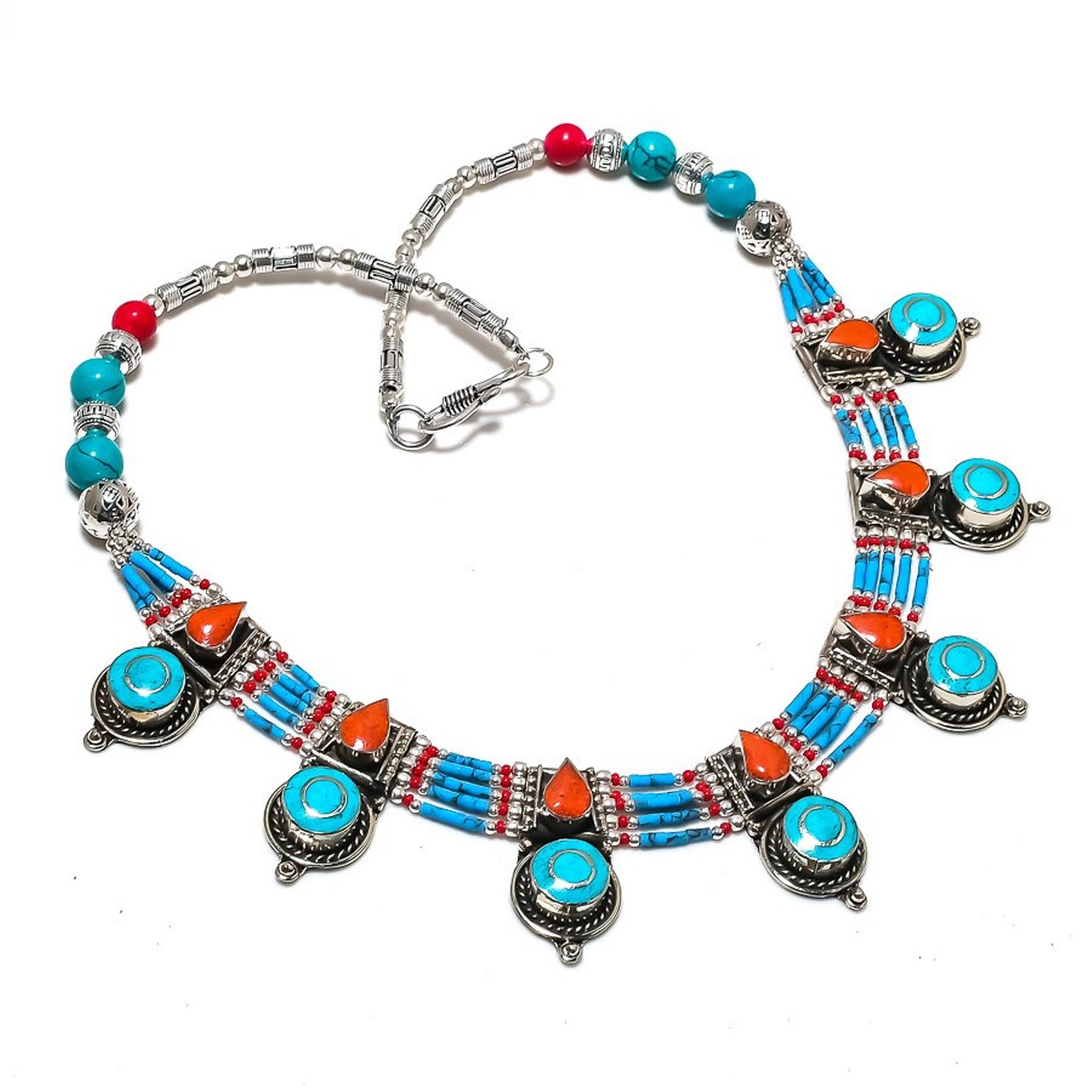 Turquoise Red Coral Gemstone Necklace Handmade Tibetan Nepali Jewelry 18″ N79