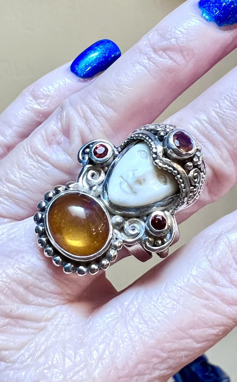 BEAUTIFUL ORNATE Sajen Sterling Silver Citrine, Garnet, Etc. Carved Goddess Ring