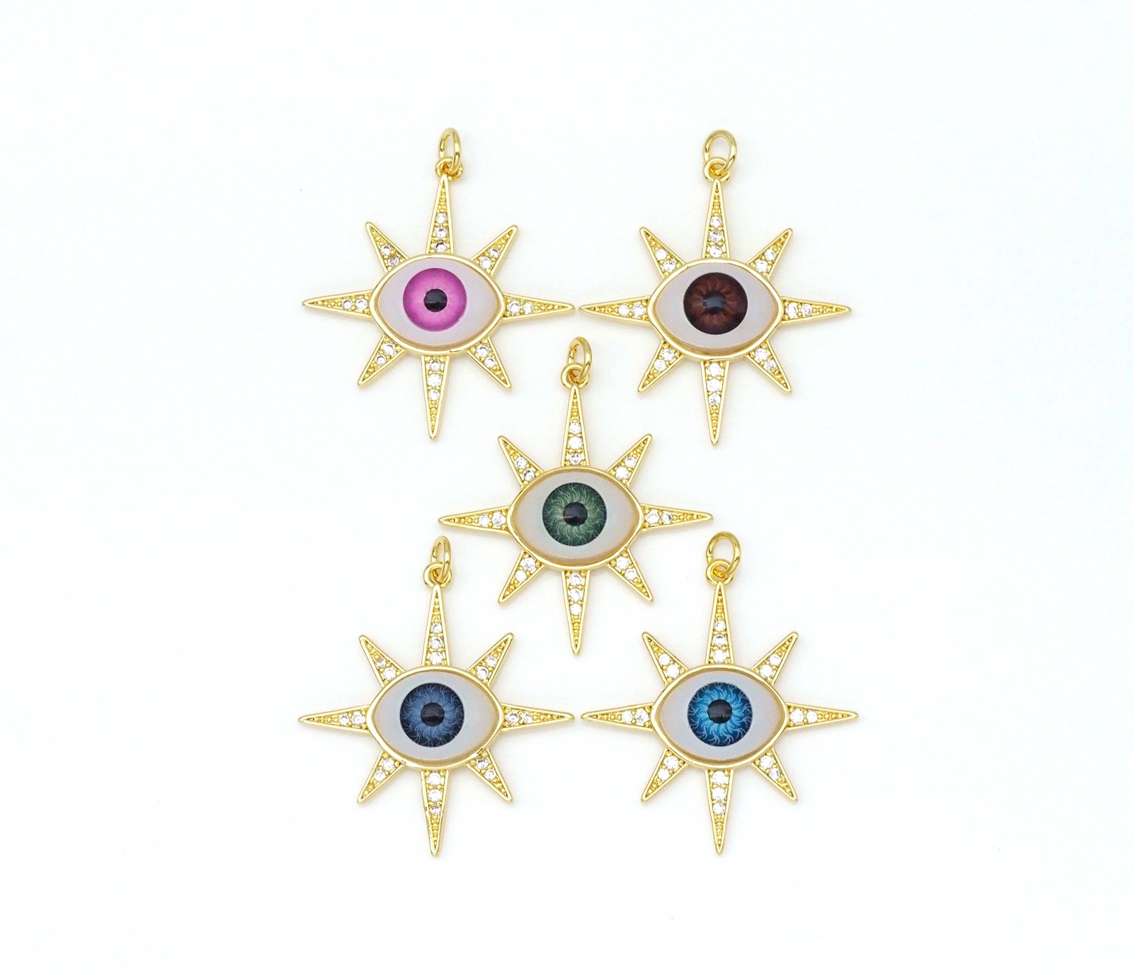 CZ Pave Radical Sun Star Evil Eye Pendant, Colorful Evil Eye Charm, Protection