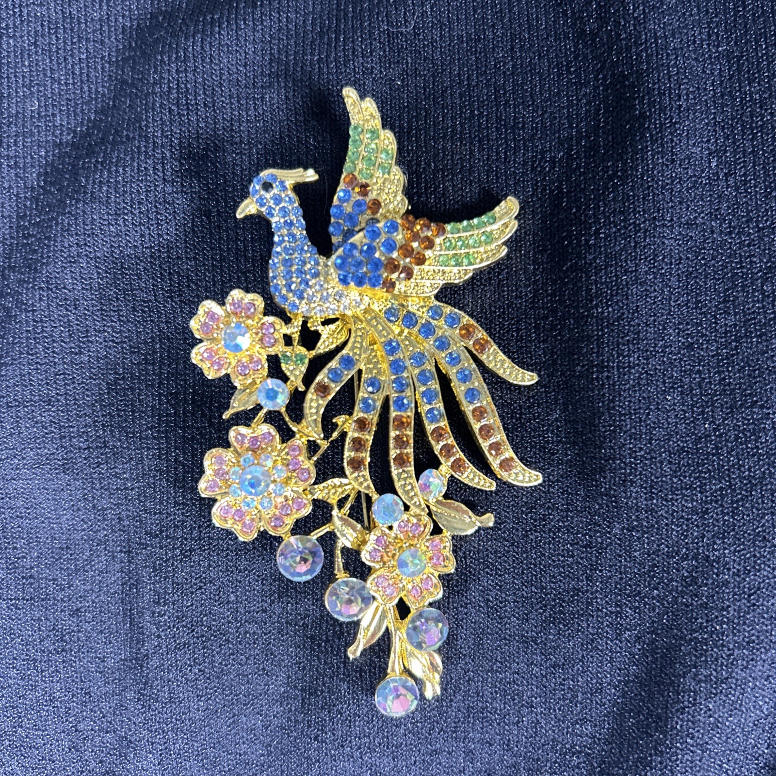 Bright Peacock Bird Brooch Pin Pendant Rhinestones Colorful Statement 3.5 inches