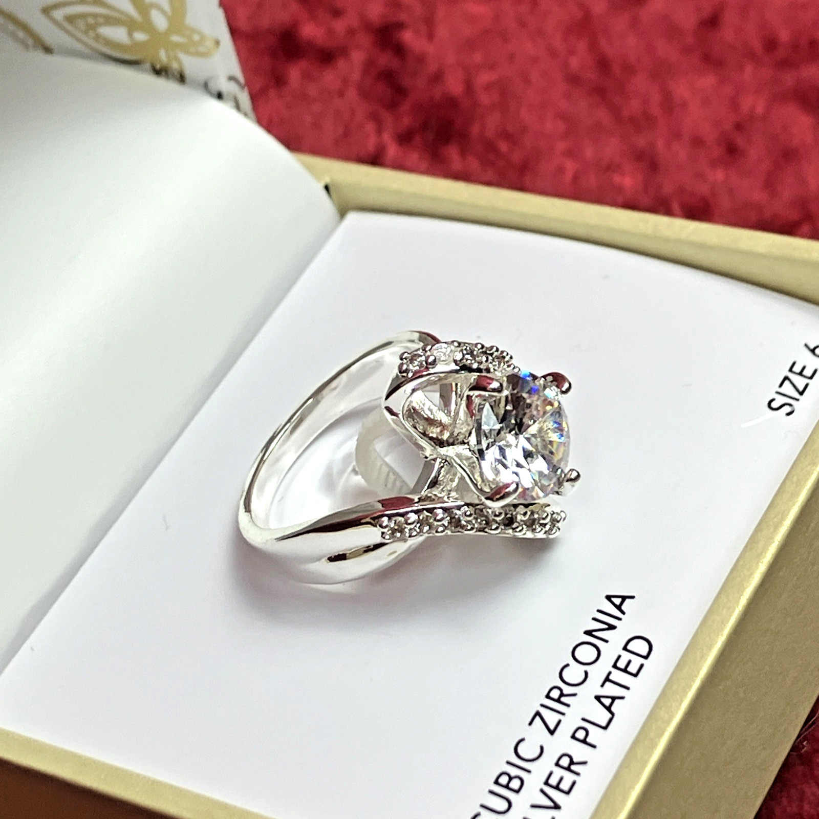 Charter Club Crystal Stone Bypass Ring Fine Silver Plate SIZE 6 or 9 NIB