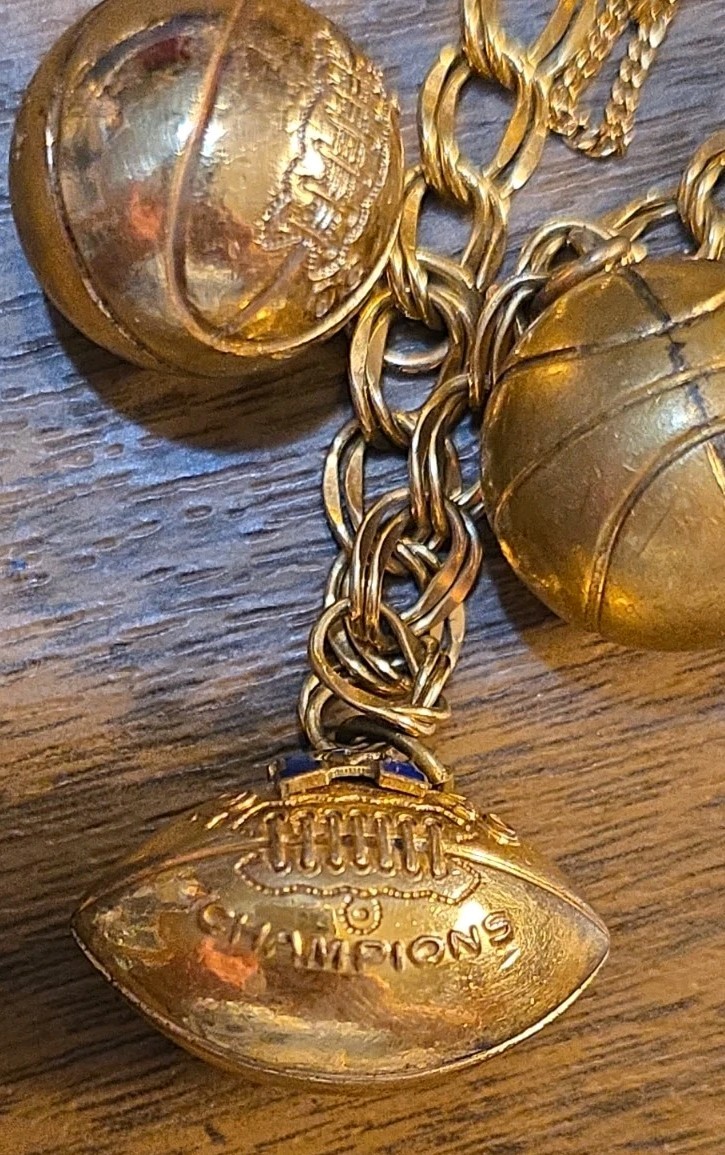 1940s & 1950s 12K GF Spartan Charm Bracelet Gold Football Basketball GTE Charm