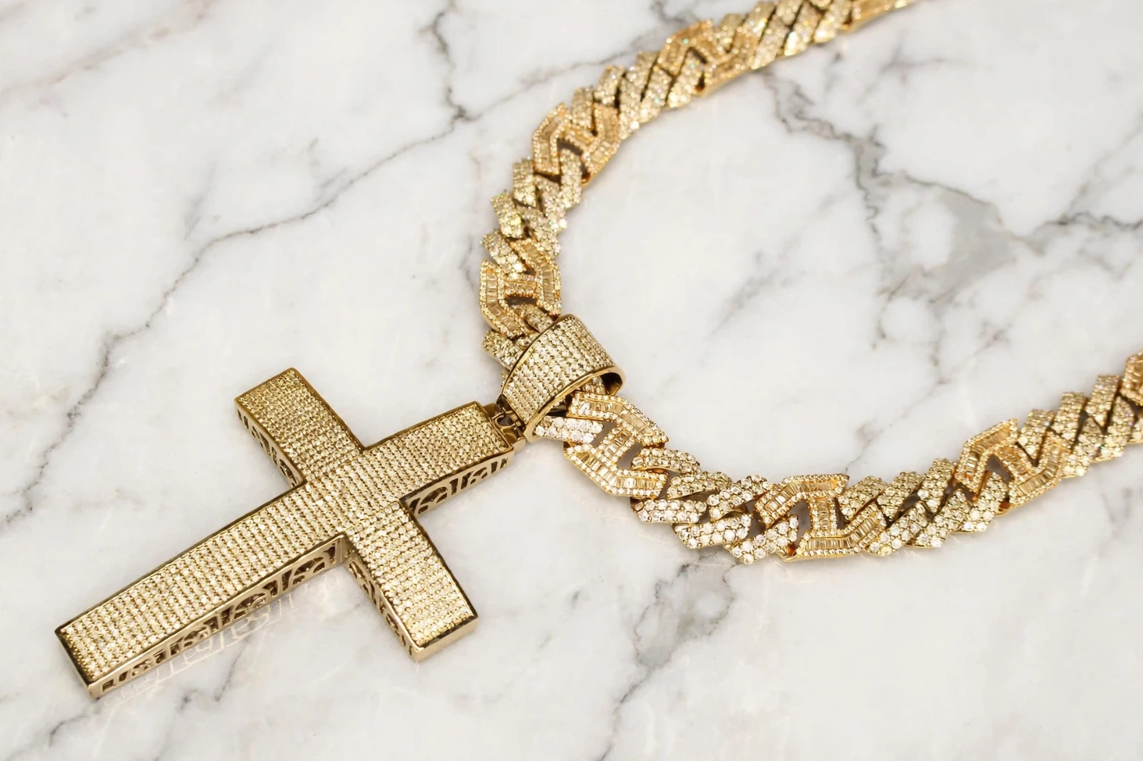14k Stamp XL CROSS Pendant 14mm FIGARUCCI GOLD Chain 98ct Lab Sim VVS1 Diamond
