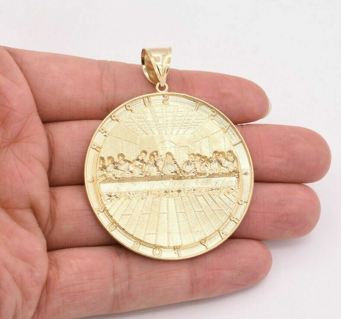 Mens Apostles Last Supper Charm Pendant Diamond Cut Real 10K Yellow White Gold