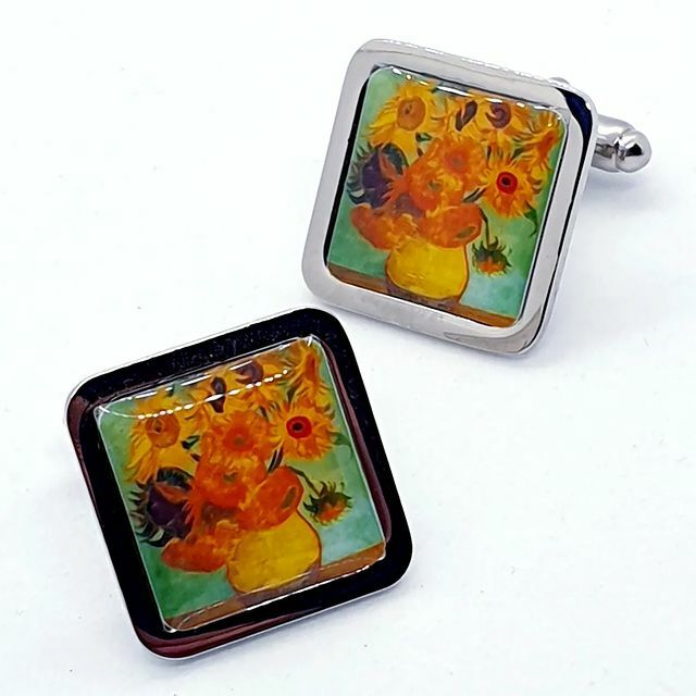 Handmade VAN GOGH SUNFLOWERS CUFFLINKS chrome CUFFS smart SUIT vincent MEN