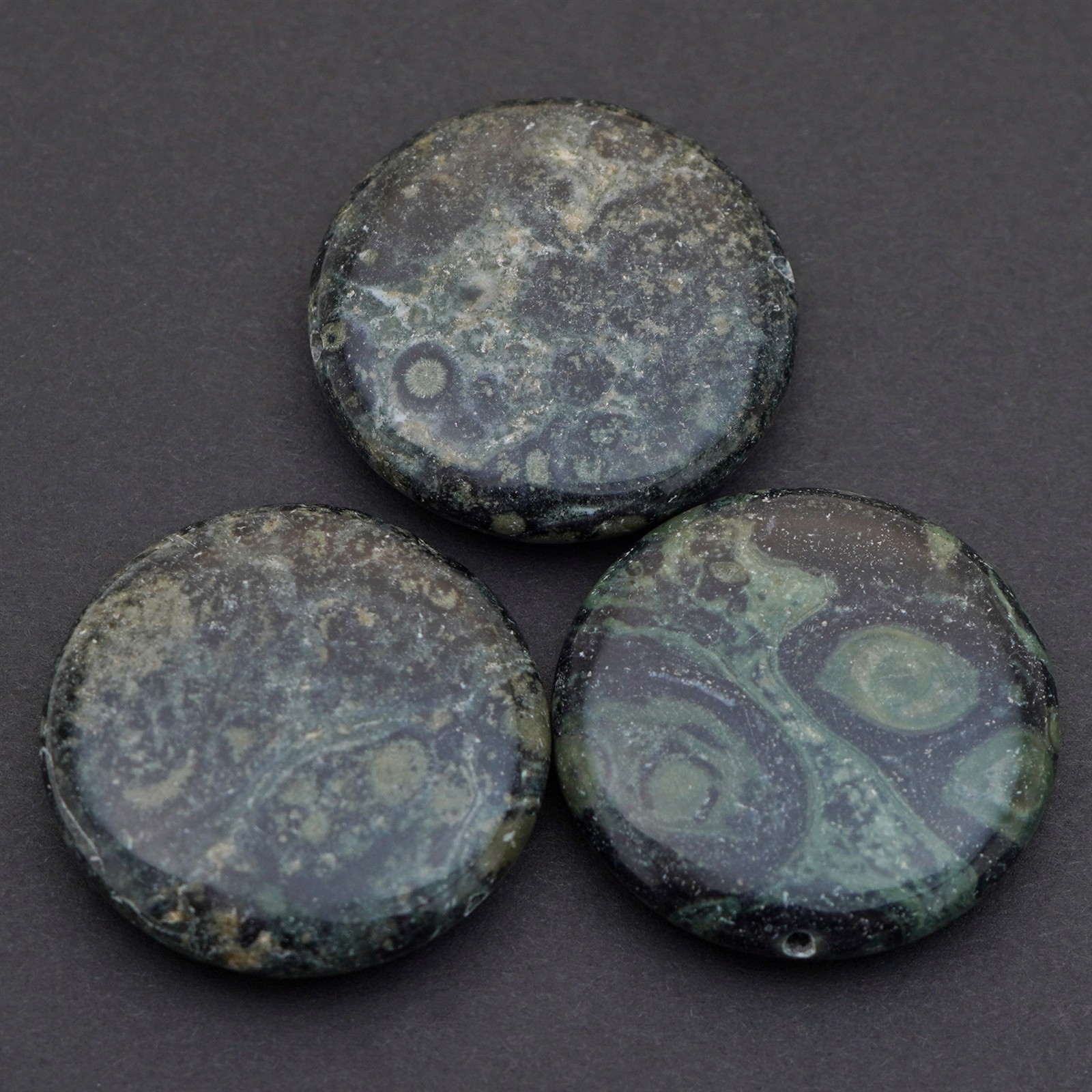 3 large flat round green and black kambaba jasper stone lentil beads avg 30mm