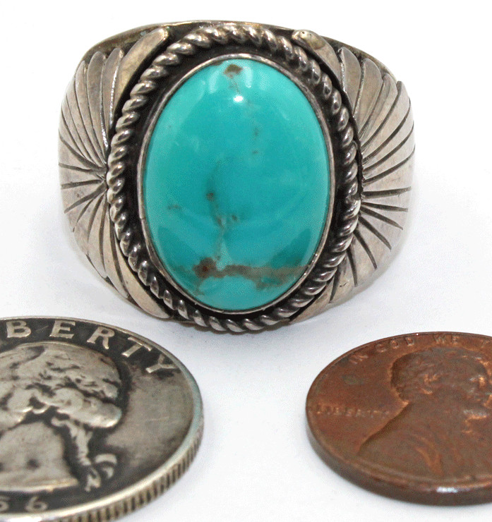 Native American Sterling Silver & Turquoise Signed M BIG Heavy Ring 14.9g Sz 12