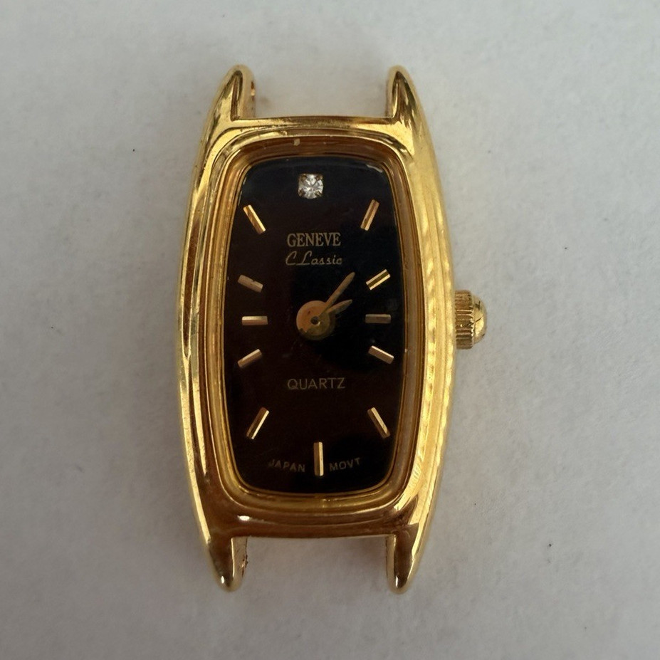 Geneve Vintage Classic Quartz Gold Tone Rectangle Black Dial Watch Head Only