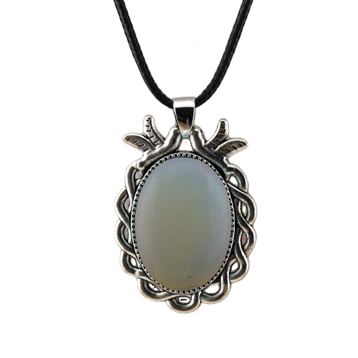 Natural Gemstone Oval Pendant with Lace and Bird Feather Wrapped Necklace