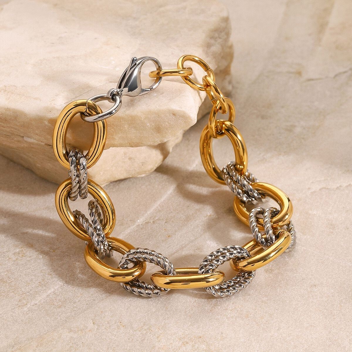 Woman 18K Gold Plated Silver and Gold Rolo Link Chain Bracelet Bangle 9 in