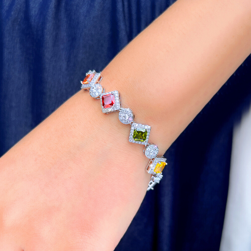 Trendy Silver Plated Multicolor Cubic Zirconia Rhombus Tennis Bracelet for Women