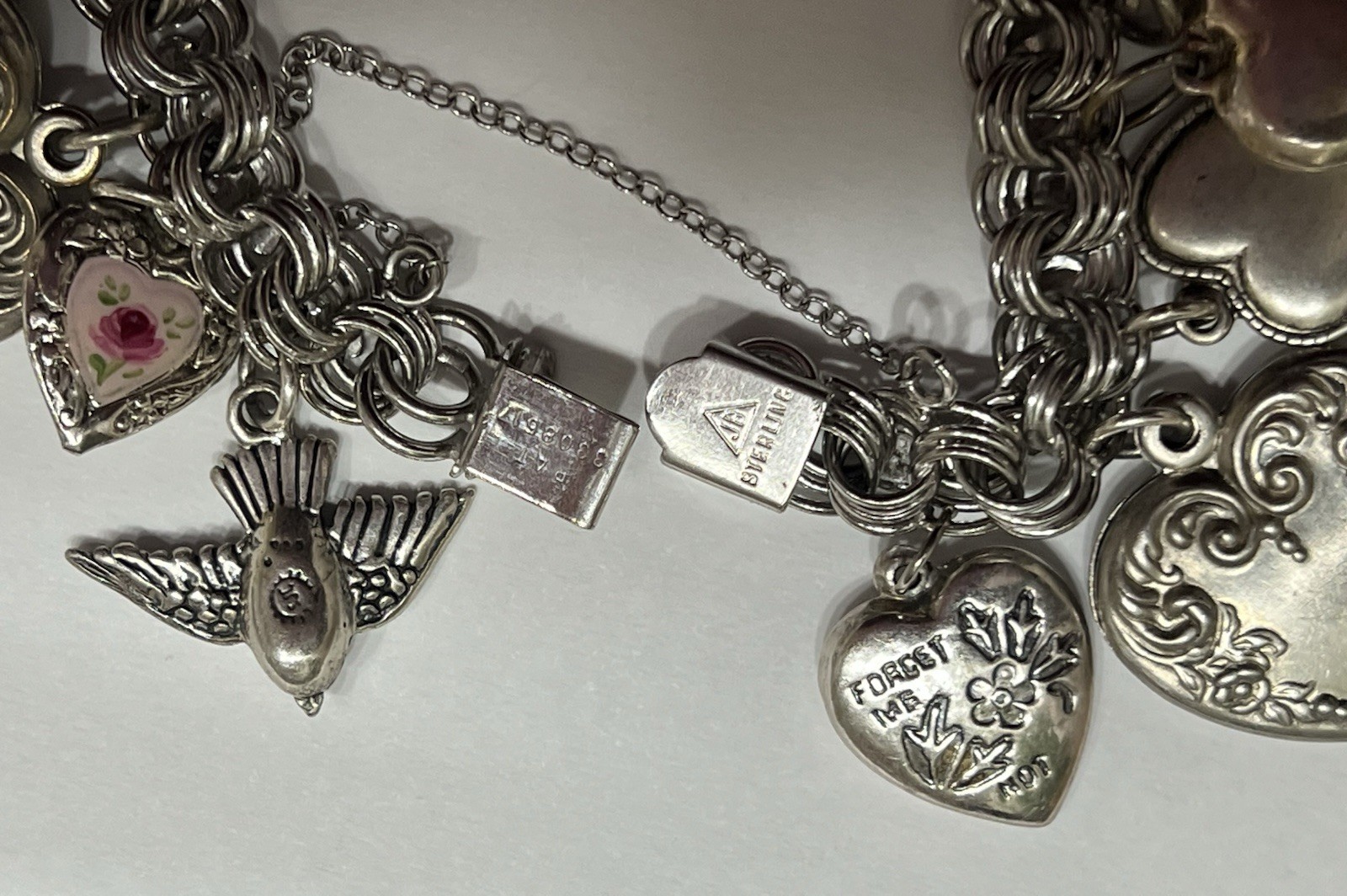 Vintage Puffy Hearts Charm Bracelet Sterling Silver Estate Pink Heart Charms US