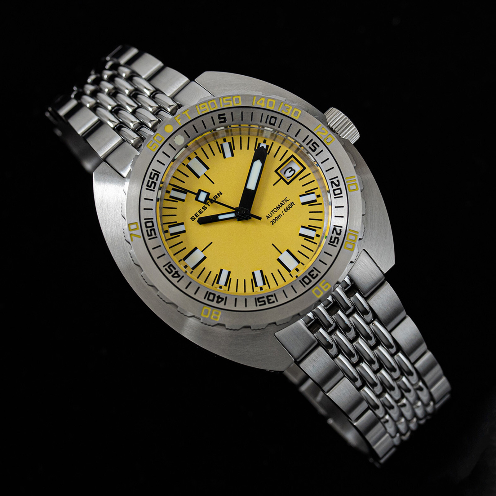 Seestern V3 42MM SUB 300T LUME DATE Bezel 200m DIVER’S Mens Sport Watch YELLOW
