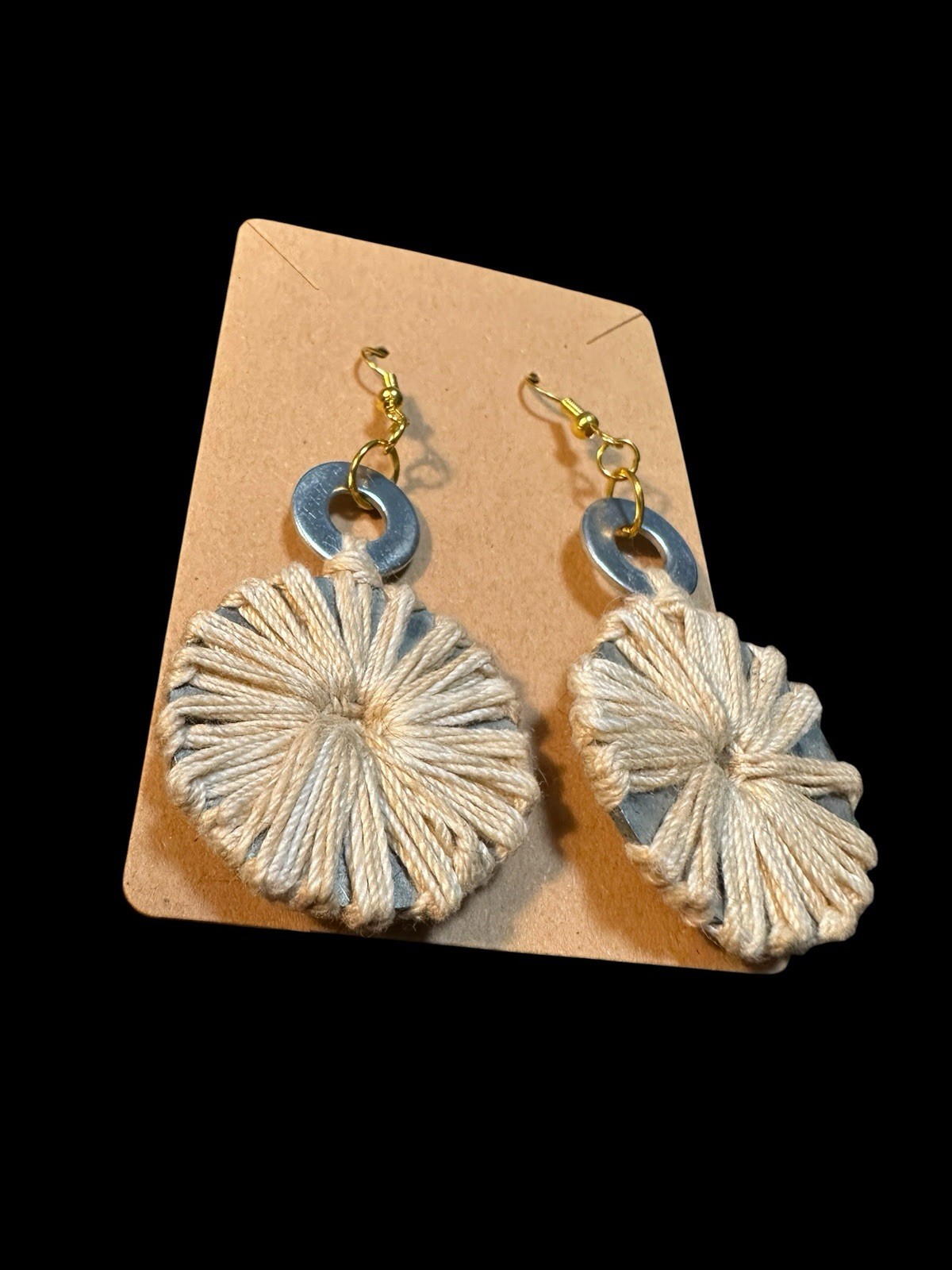 Beige Thread Wrapped washer Dangle Hook Earrings Gold Silver Tone Metal unique