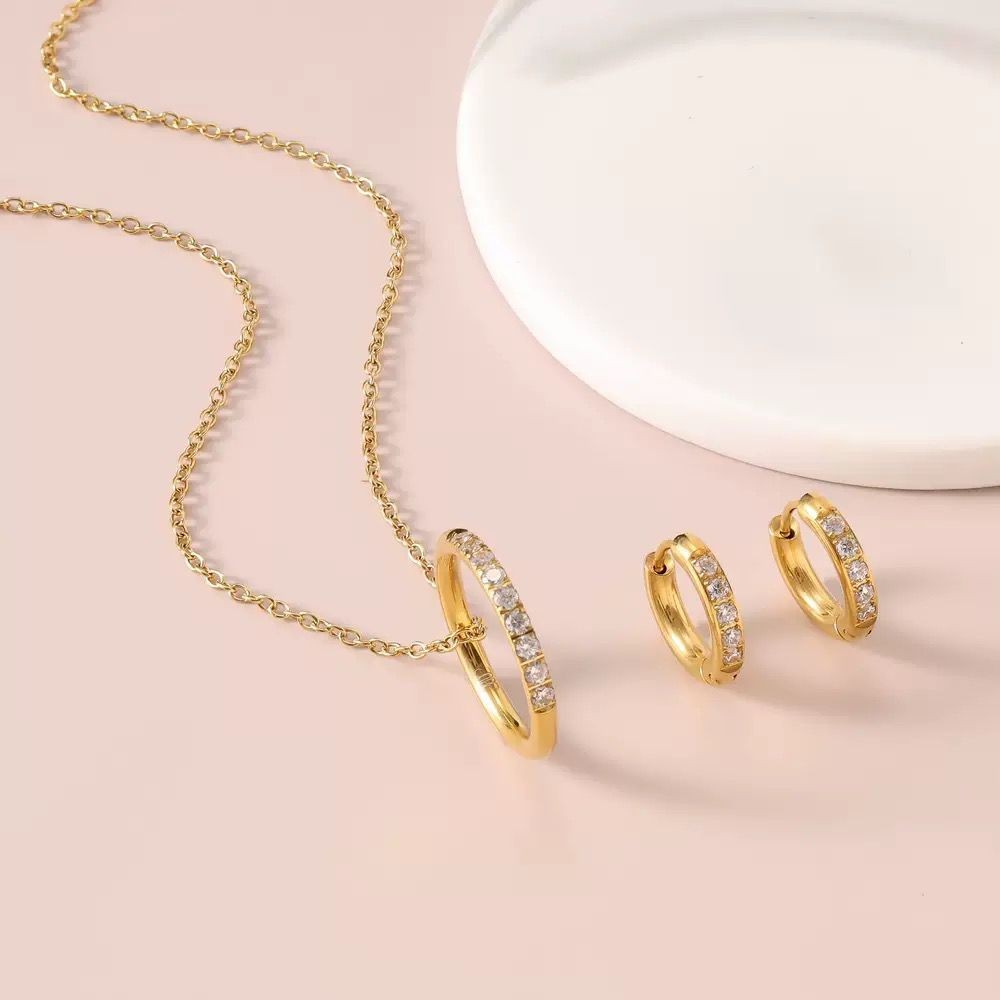 Gold-Tone Clear Cubic Zirconia Pendant Necklace & Hoop Earrings Jewelry Set