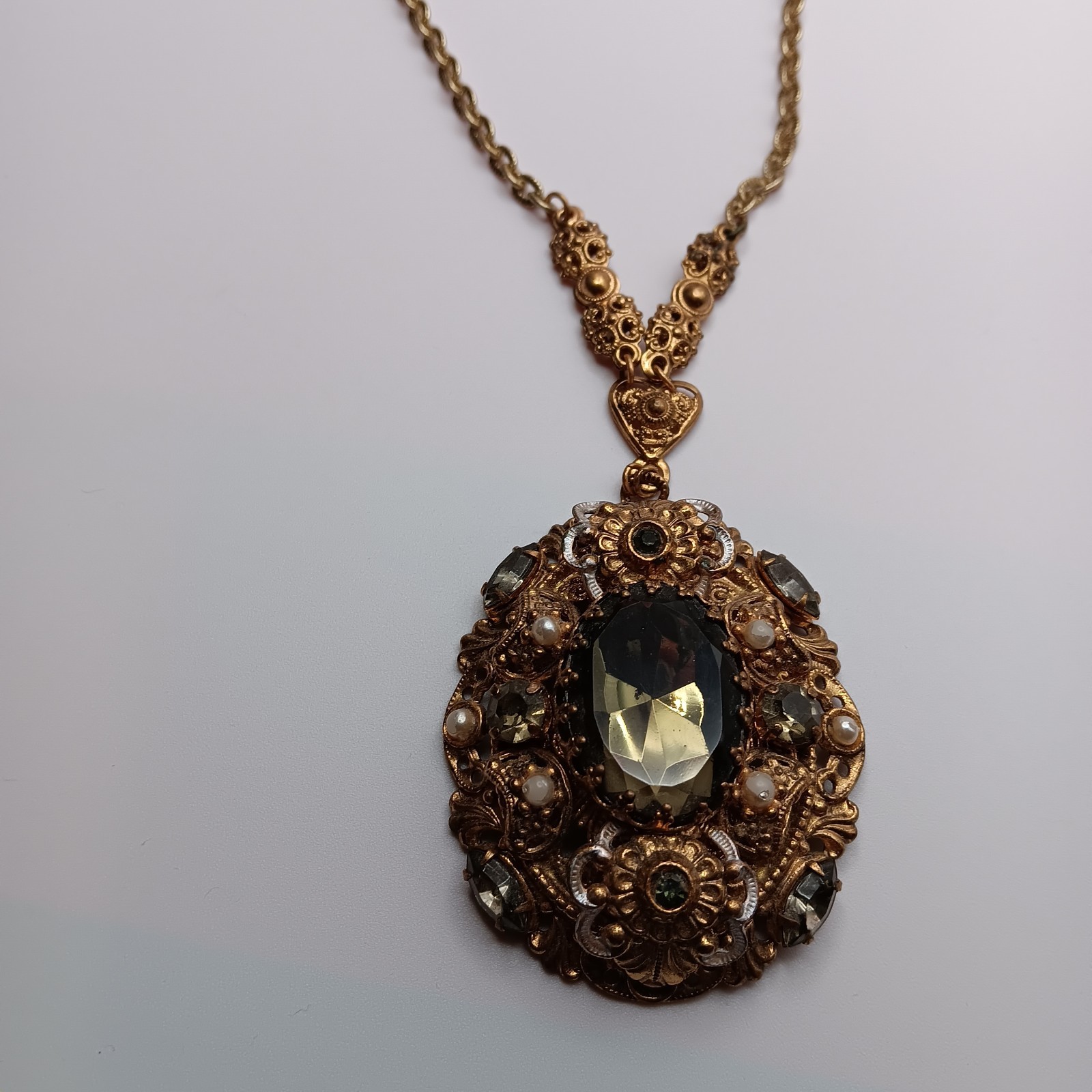 Vtg Western Germany Necklace Smoky Art Glass Faux Pearl Rhinestone Ornate 24″