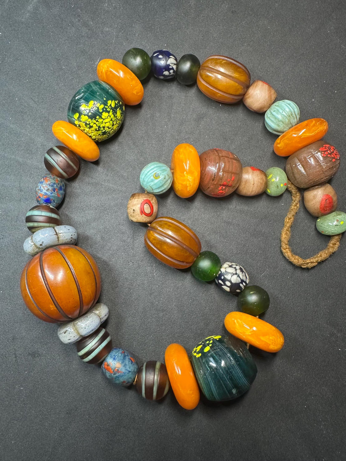 Vintage Nepal Resin & Glass Bead Necklace, 27″ Handcrafted Tribal Statement Pie