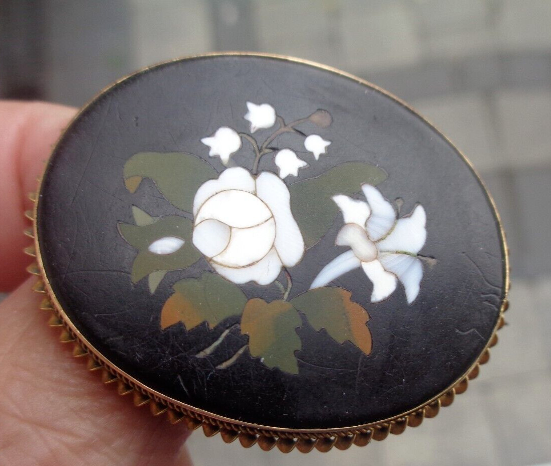 Pietra Dura Mosaic Booch Earrings Set Victorian Antique 15ct Gold Floral c1880s