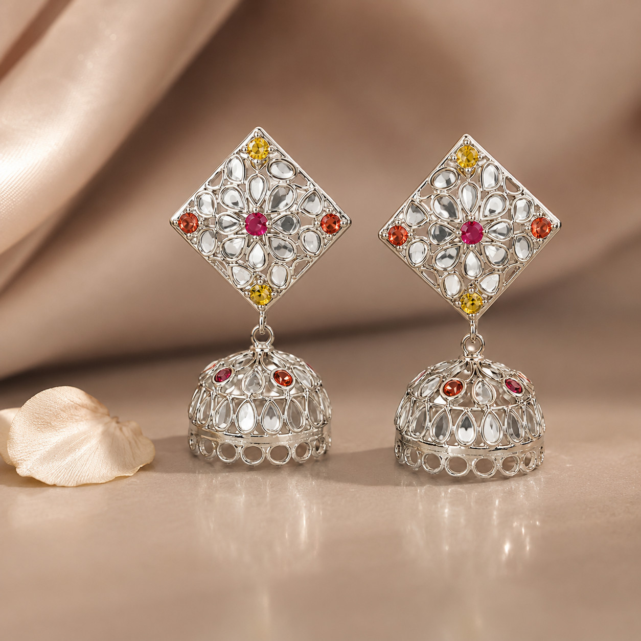 Natural Polki Jhumka Drop Earrings 925 Sterling Silver Handmade Bridal Wedding