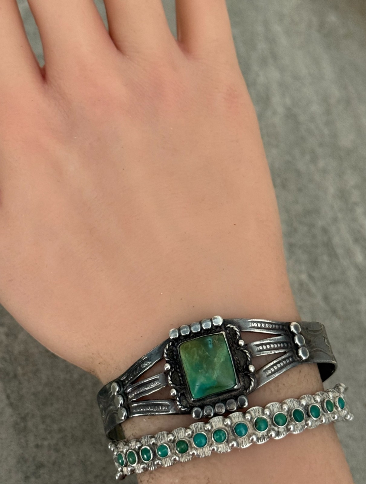 Vintage FRED HARVEY Navajo Snake eye Turquoise Sterling Bracelet 6.7 in