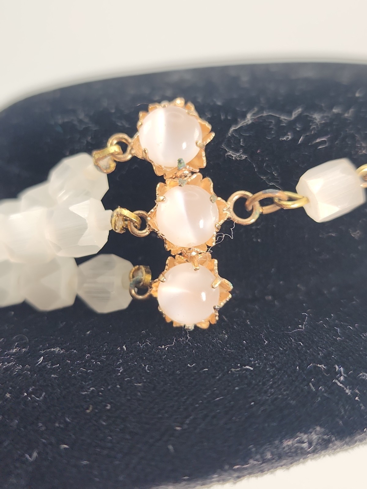Vintage Czech Glass Triple Strand Necklace Pentagon Faceted White Satin Atlas