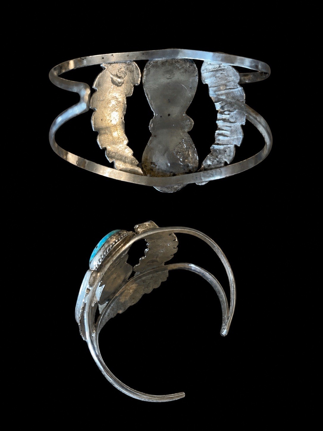 Native American Sterling Silver Leaf Turquoise Cuff Bracelet