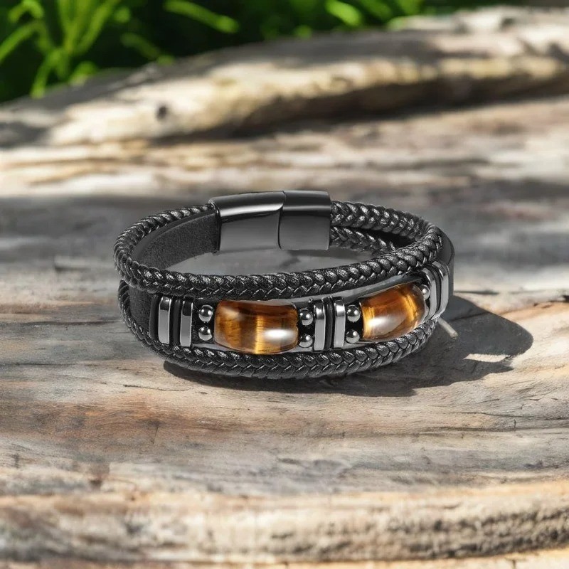 Tiger Eye Black Leather Bracelet Men Energy Crystal Stone Healing Reiki Gift USA