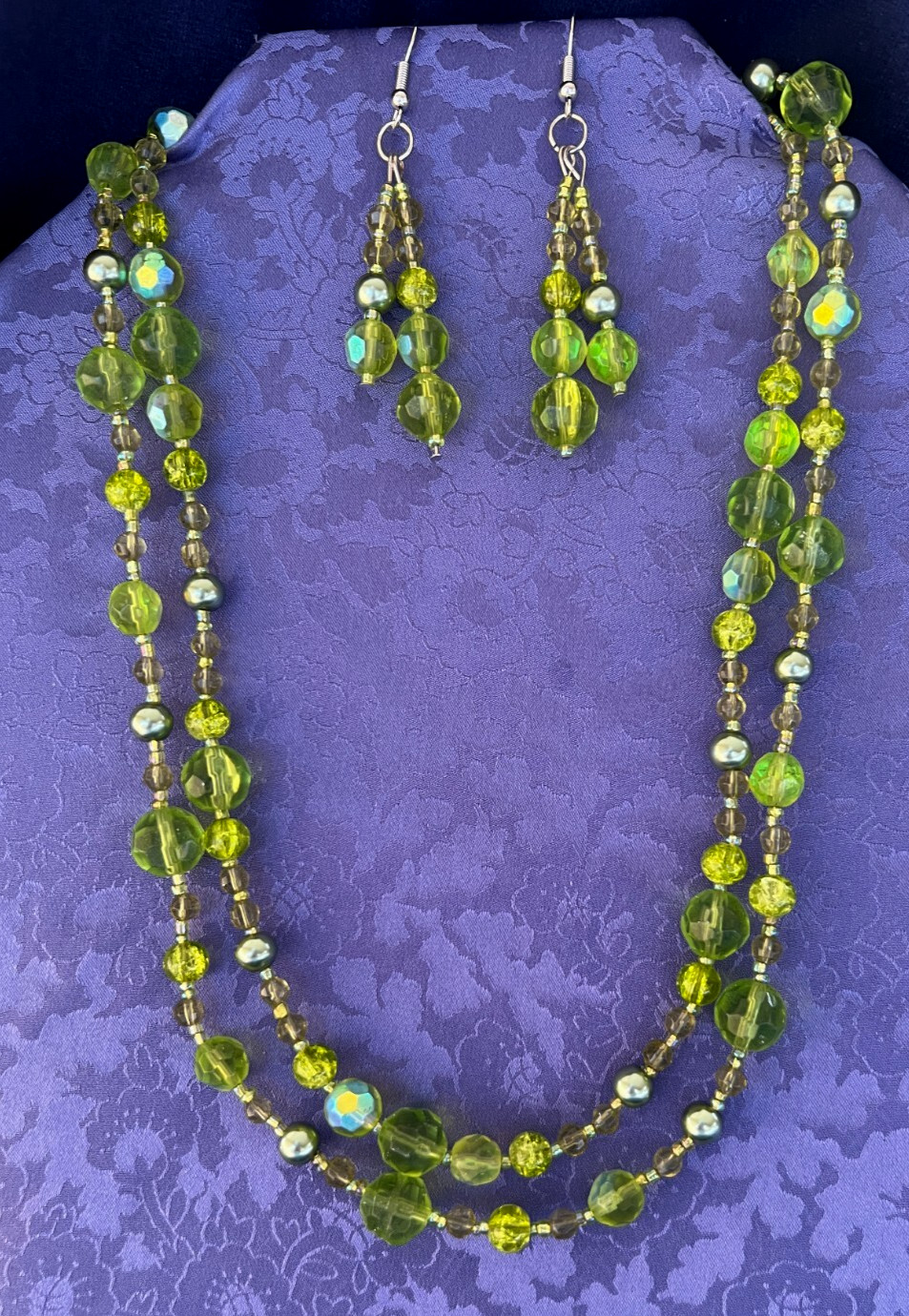 Beaded 2 Strand Necklace 17 1/2 Inches Dangle Earrings Glass Beads Pastel Green
