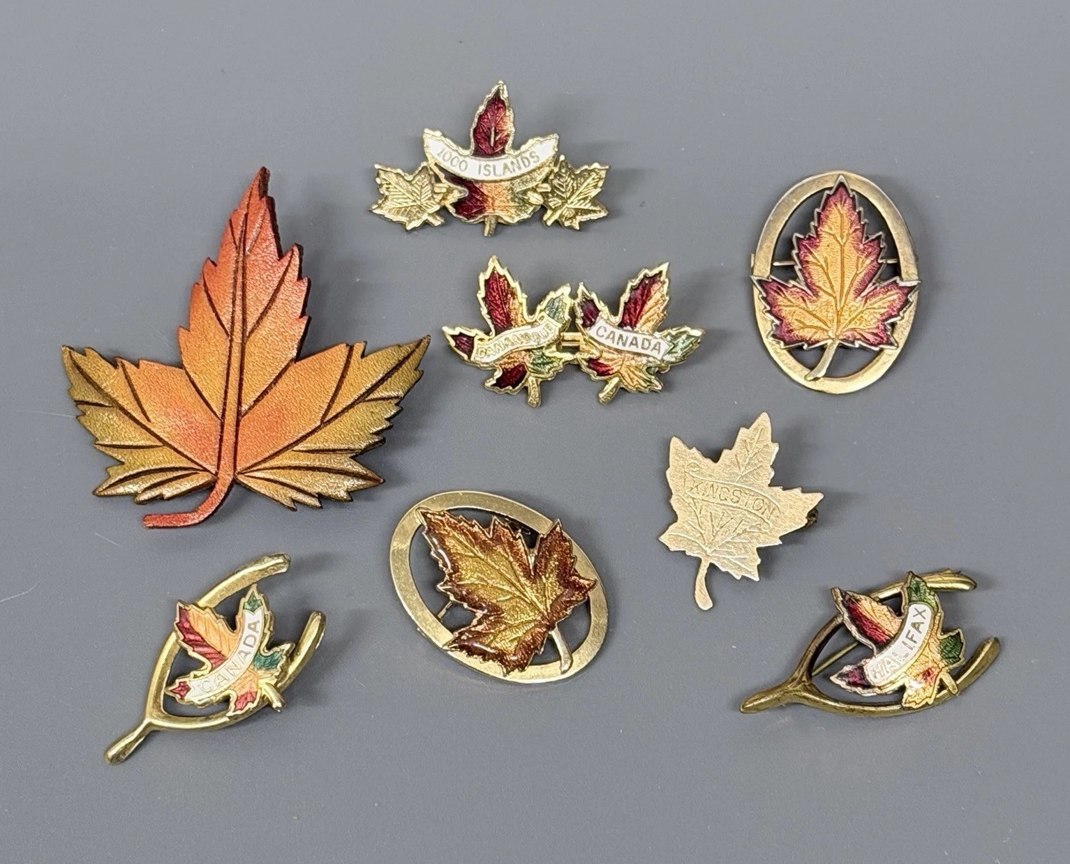 Vintage Canadian Maple Leaf Pins Brooches Lot Of 8 Leather Metal Enameled