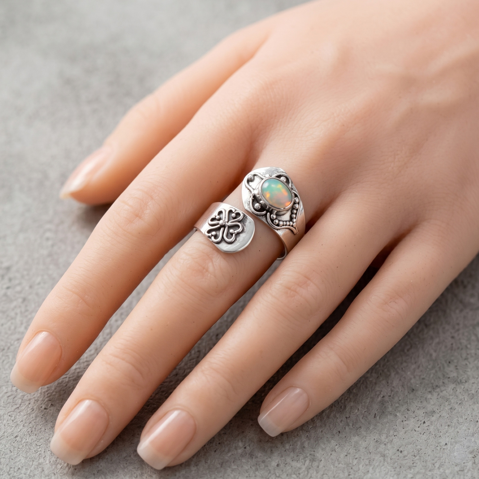 Fire Within Ethiopian Opal Wrap Ring 925 Oxidized Silver Adjustable Sizes 5-9