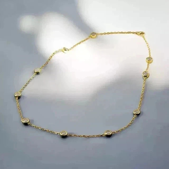 14K Yellow Gold plated 2Ct Round Lab-Created Diamond Bezel Set Station Necklace