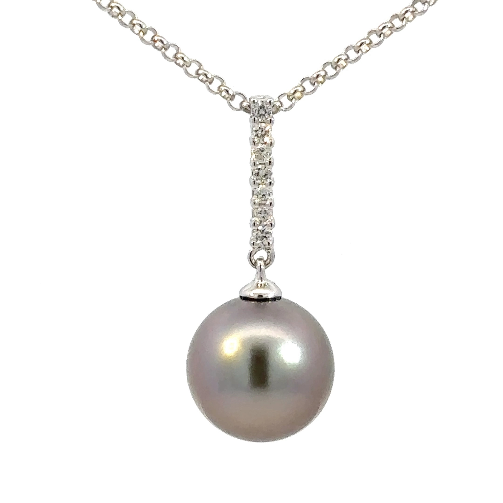 18k White Gold Diamond Peacock Pearl 11.65MM Pendant With 16 Inch Chain – J056