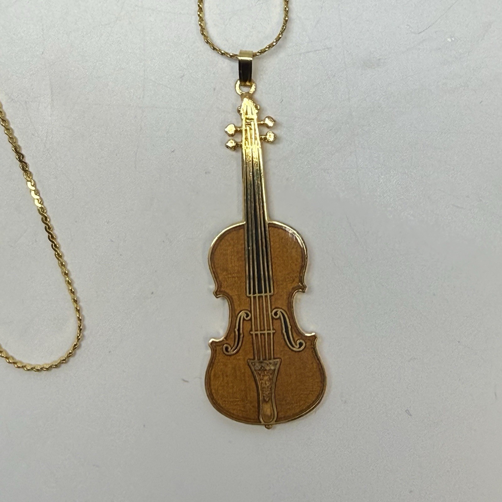 Vintage Future Primitive Gold Tone Enamel Violin Cello Pendant Long Necklace