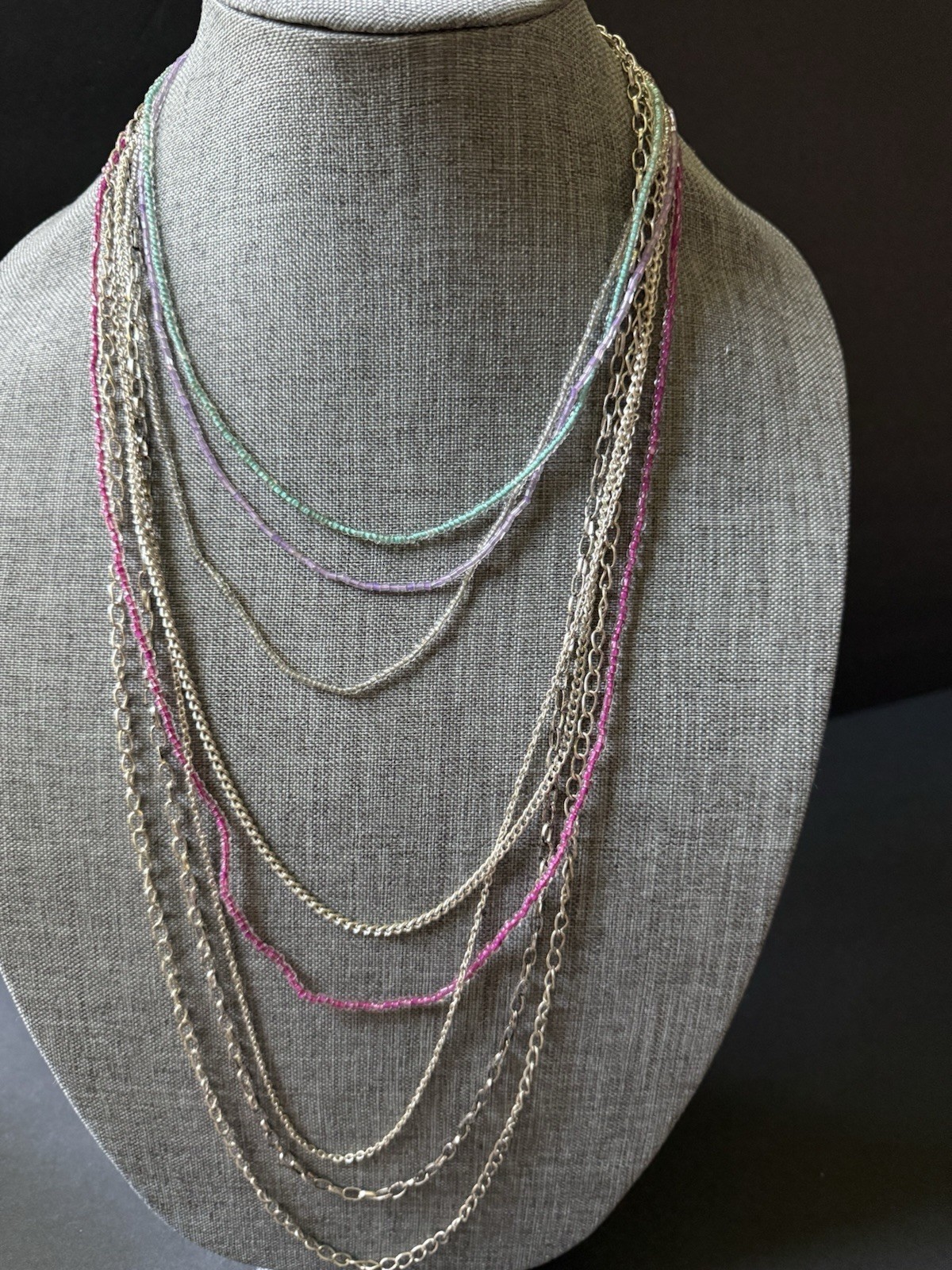 Lydell NYC Necklace Layered New Chain Beaded Chunky Festival Boho Silver Tone