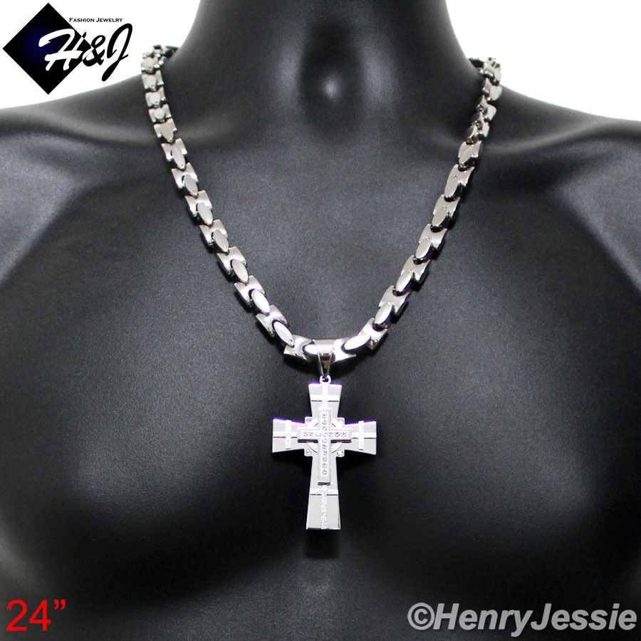 18-40″MEN Stainless Steel 8mm Silver Interlock Bone Necklace CZ Cross Pendant*N7