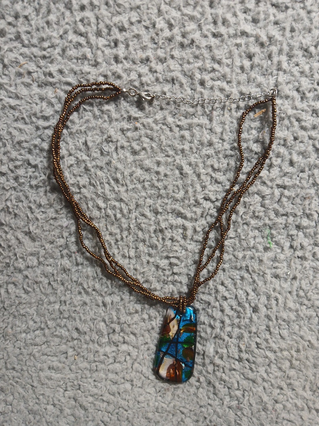 Vintage necklace precious metal foil art glass pendant 20 Inches Around