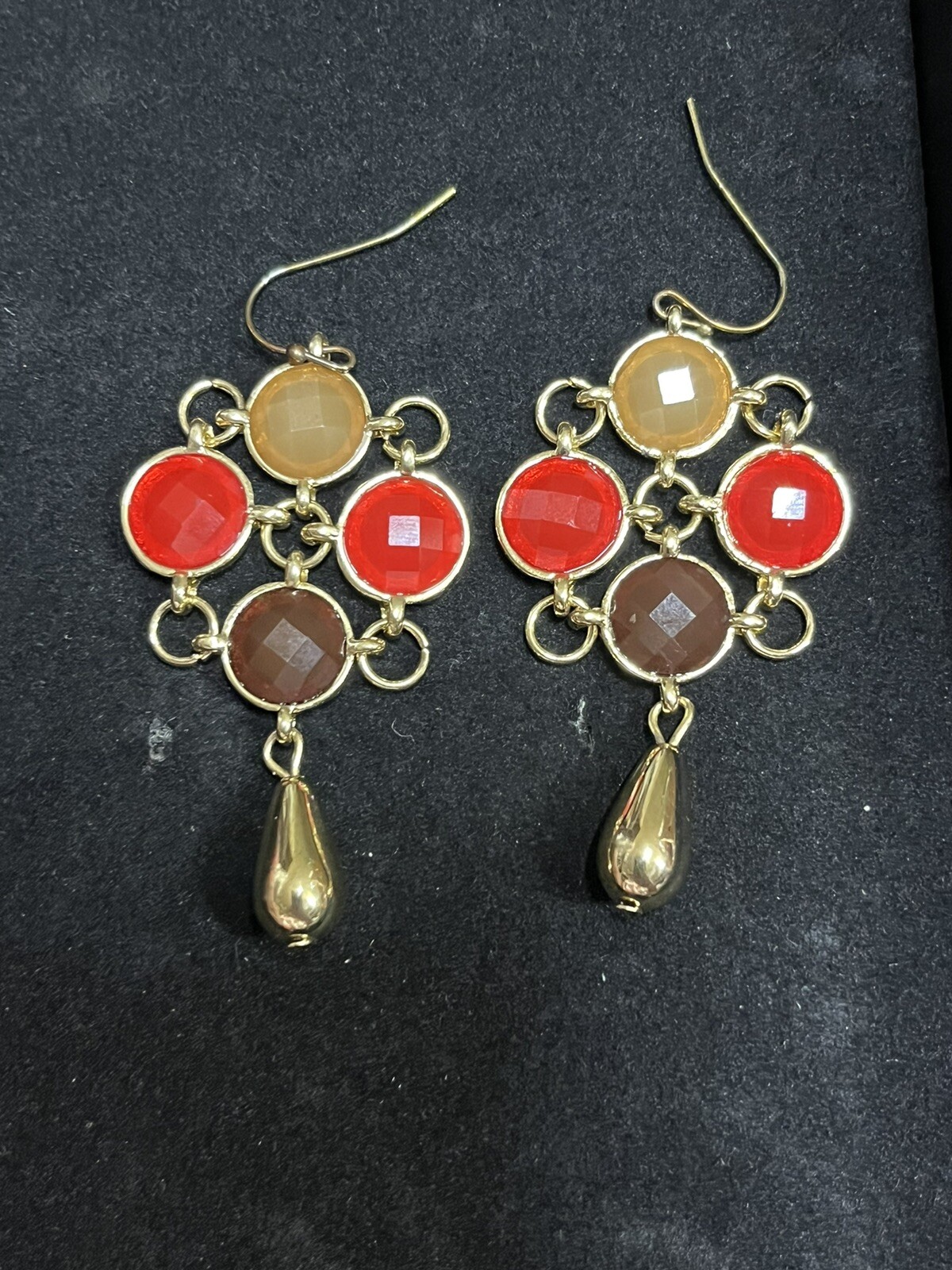 Modern Southwestern Hook Earring Set of 2 Red Black Gold Tone Chandelier 2-2.25″