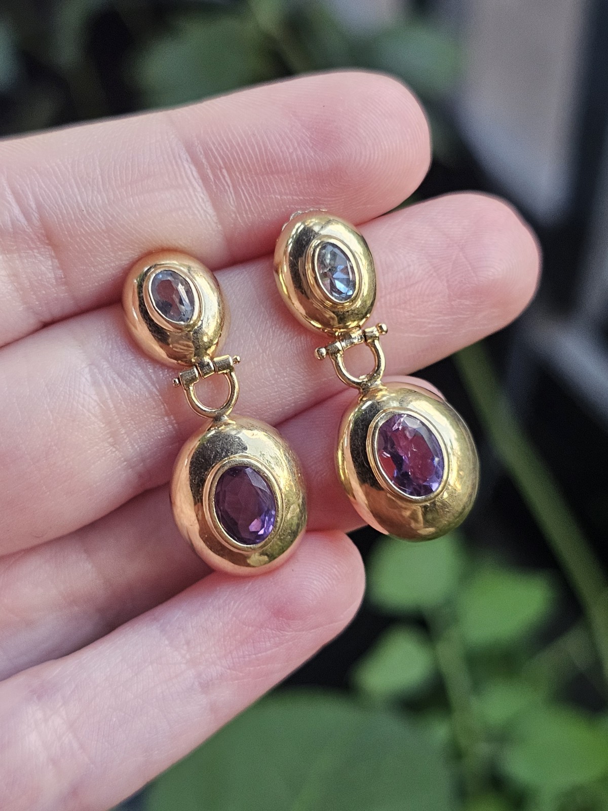 Vintage 14k Yellow Gold Purple Blue Gemstone Doorknocker Postback Earrings 3g