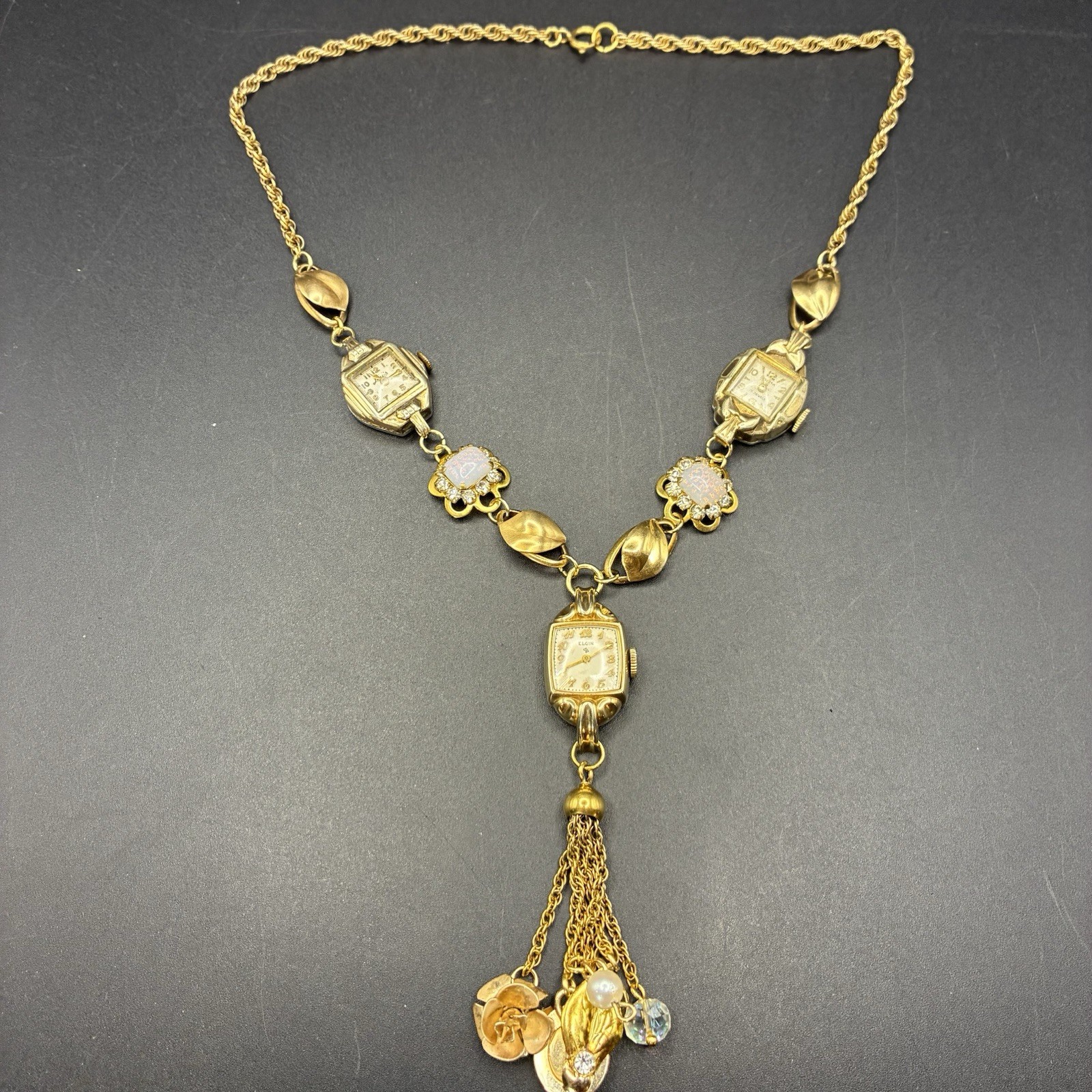Custom OoaK Vintage Gold Filled Triple Watch Necklace, Opal, Estate Assemblage