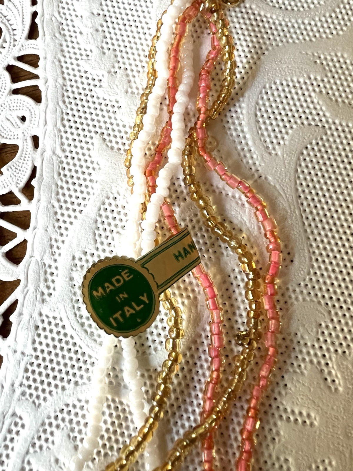 New Vintage Venetian Coral Flower Bead Art Glass Necklace W/Label 15″ + Extender