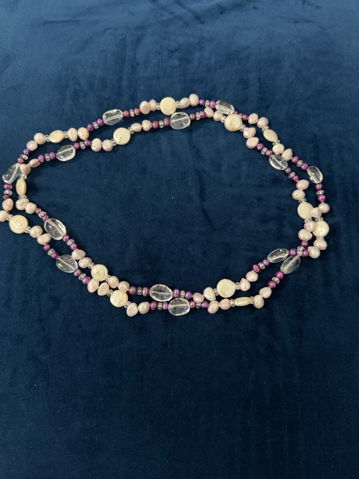 VTG 46’ Purple, Lavander, White Pearls & Clear Crystal Necklace