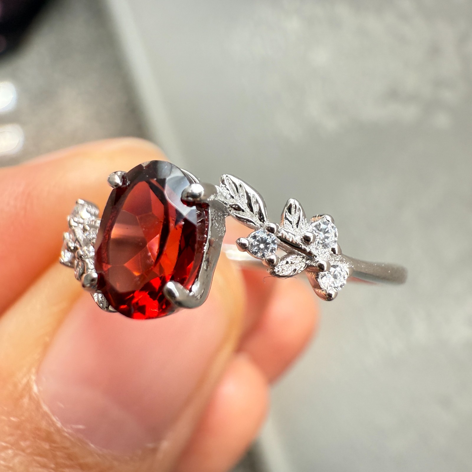 925 Sterling Silver Ring 7x5mm Natural Rhodolite Garnet Gemstone Zircon Flower