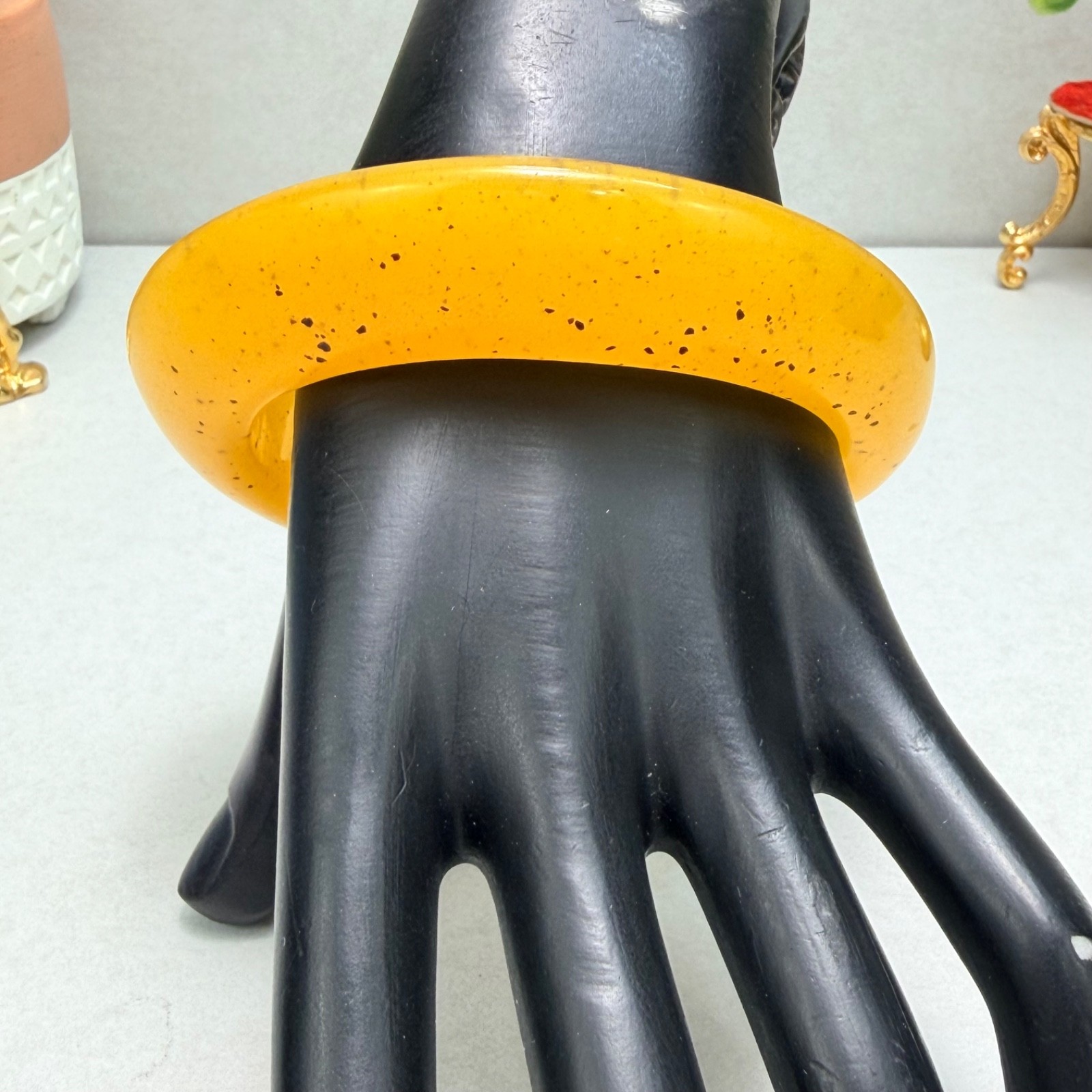 Vintage Asymmetrical Style Mustard Lucite Bangle Bracelet 8.25 In