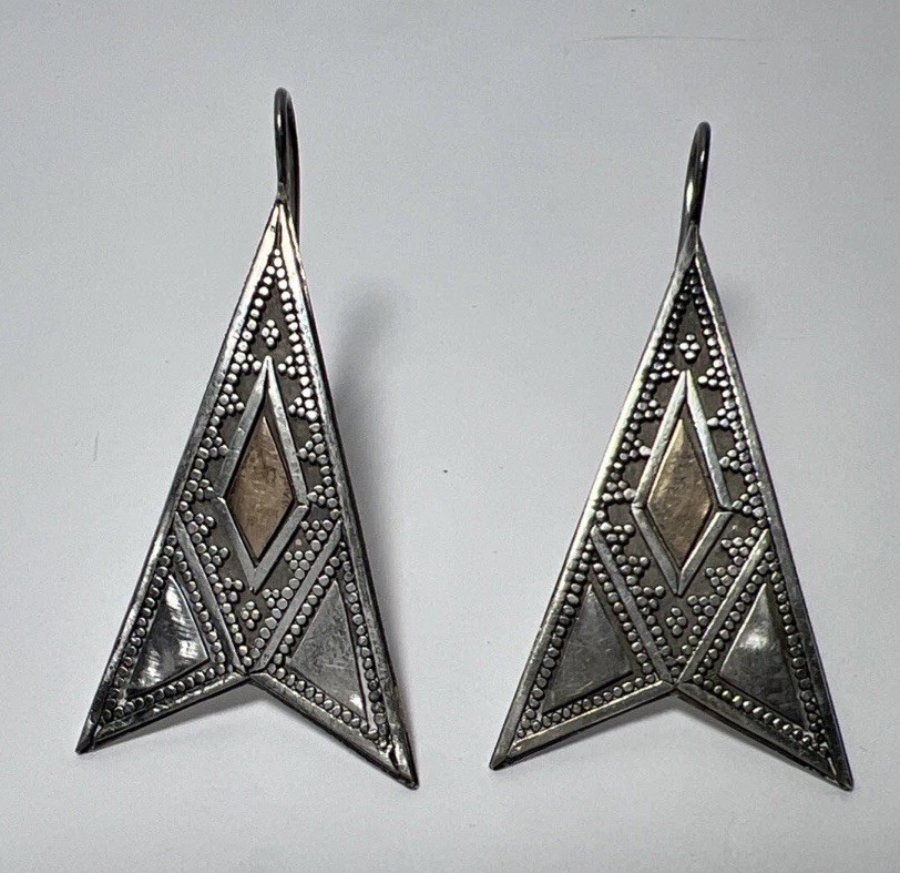 VTG (1 Pair) Sterling Silver 925 & 750 (18K) Gold Shape Pattern Hook Earrings