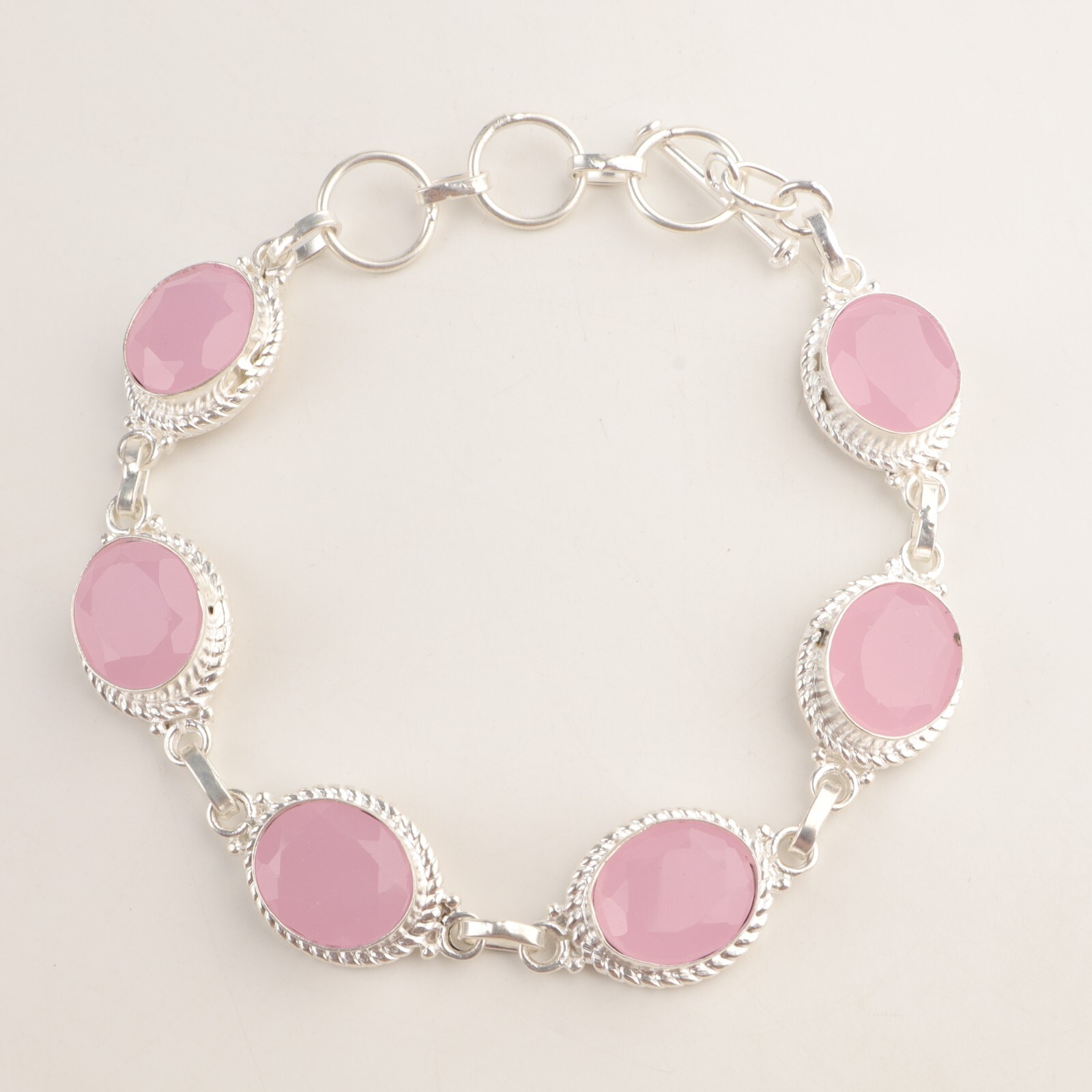 Natural Rose Chalcedony Gemstone Chain Pink Bracelet 925 Sterling Silver Jewelry