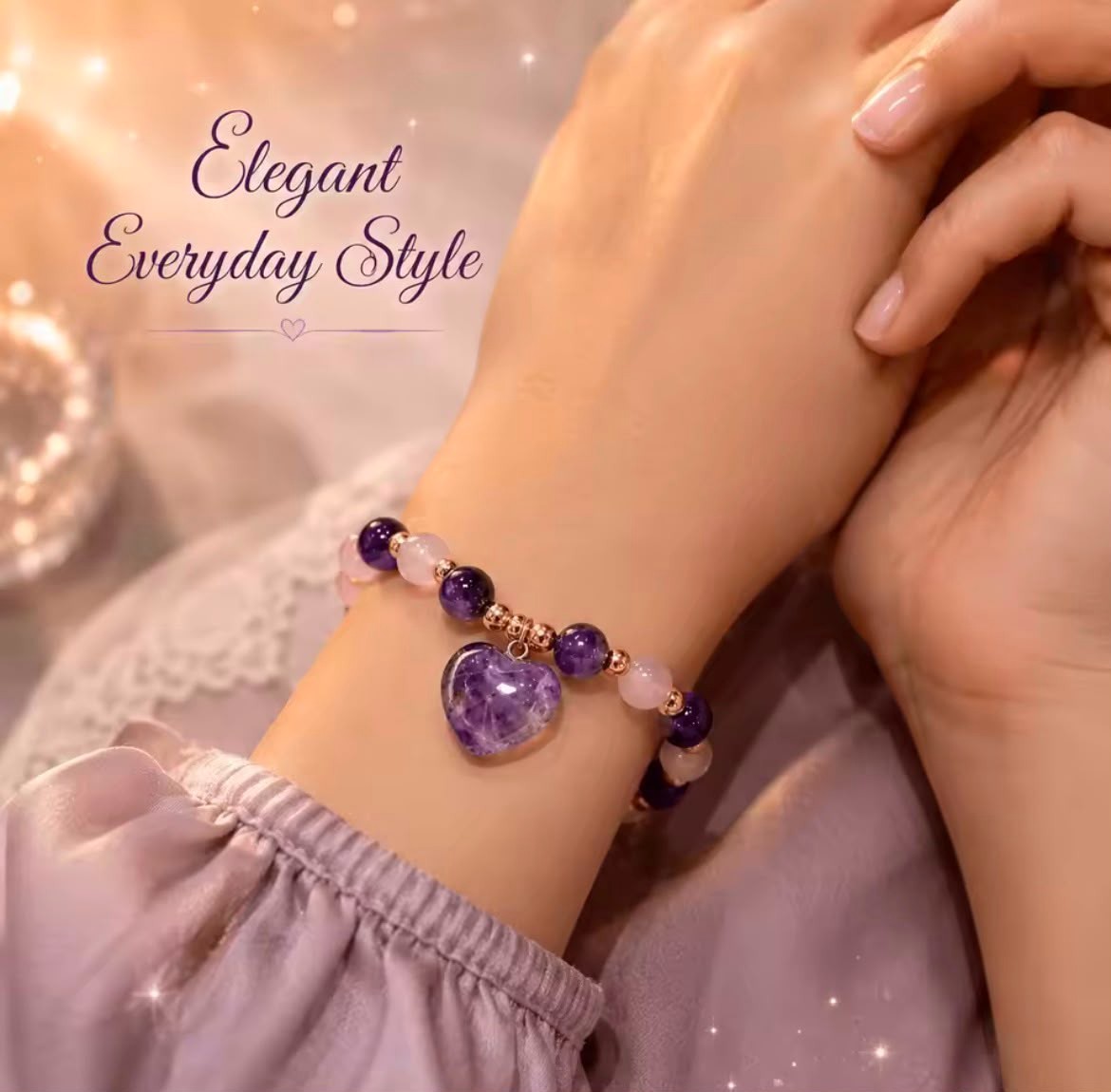 Purple Pink Amethyst Rose Quartz Heart Charm Stretch Bracelet Gold Women