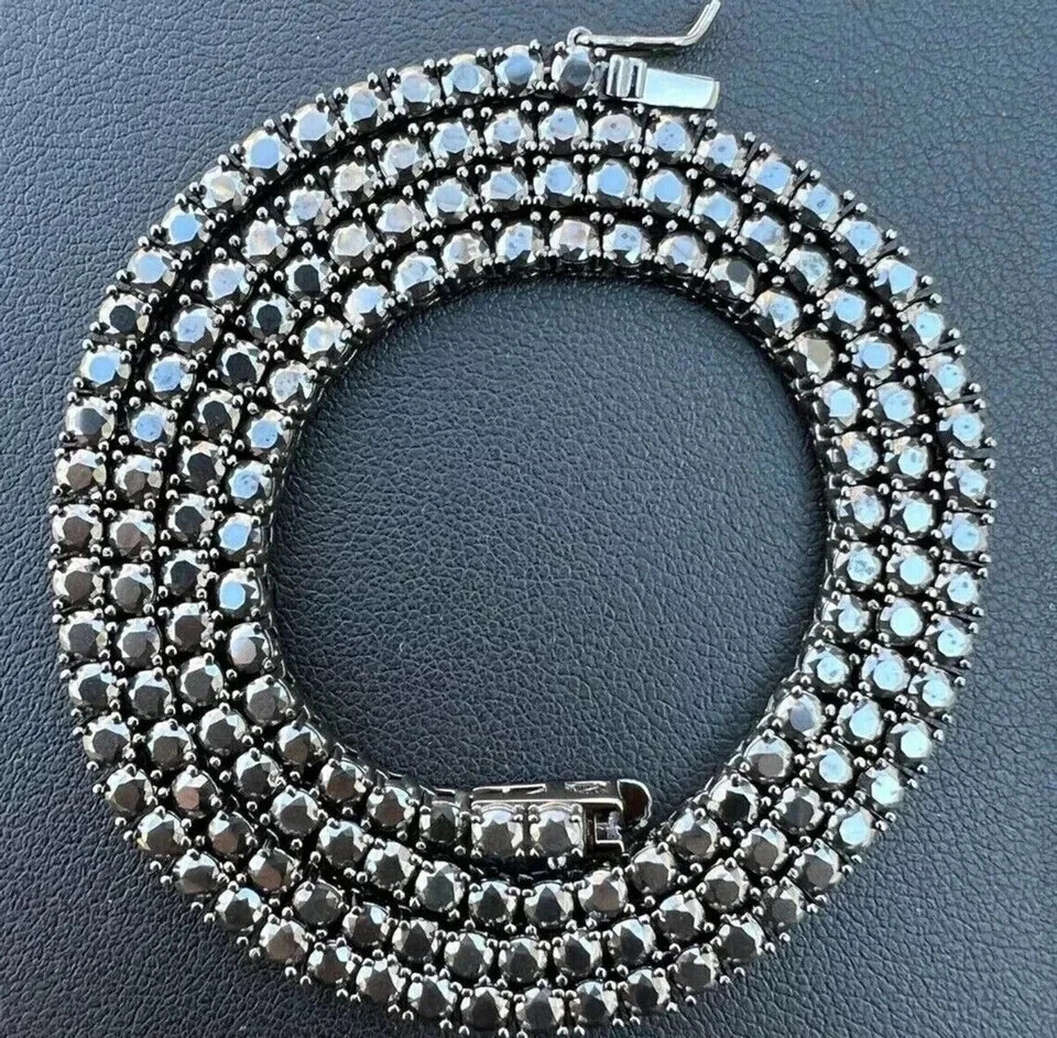 3MM 18Ct Round Lab Created Black Diamond Tennis Necklace925 Sterling Silver 18in