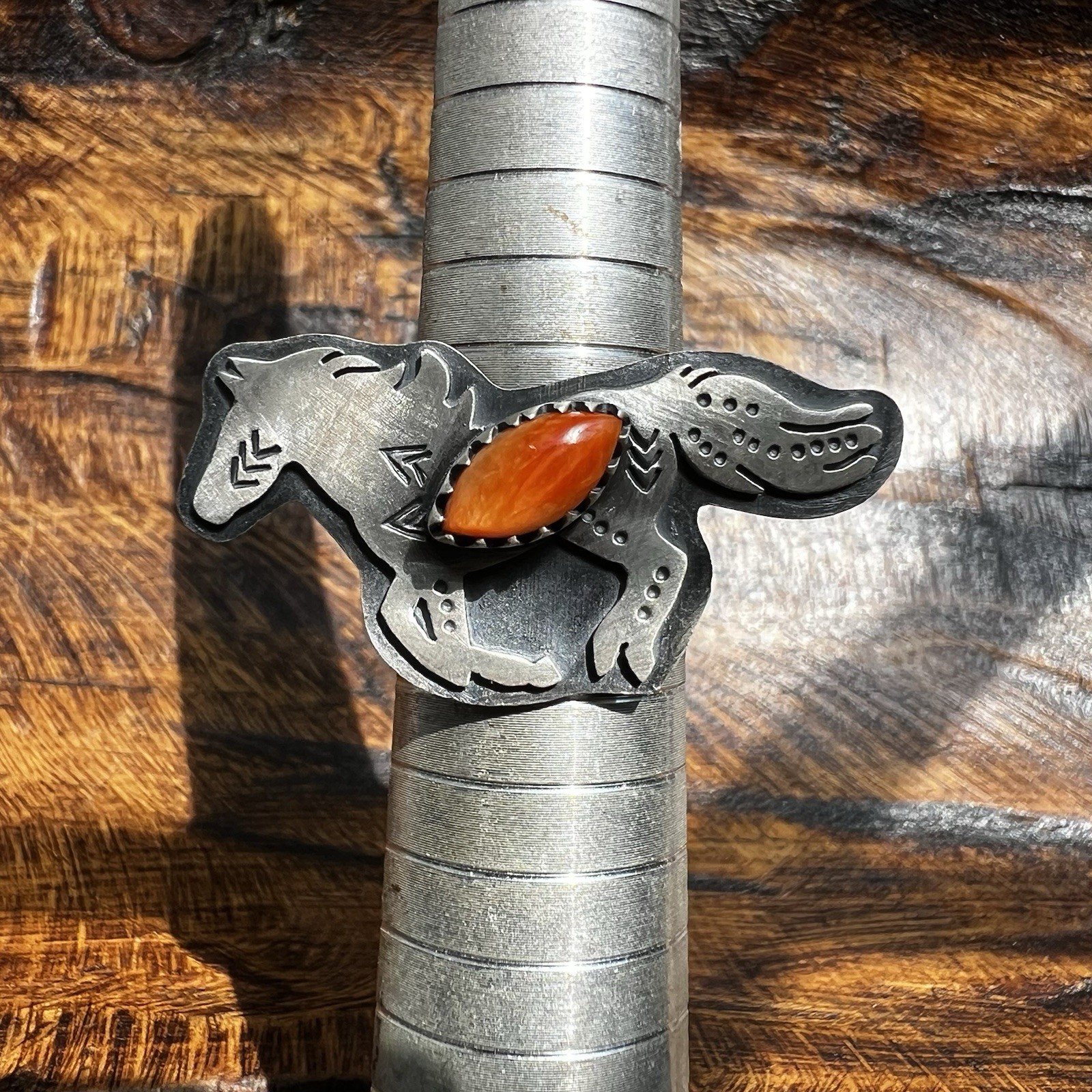 Sterling Silver Spiny Oyster Horse Ring Size 8 Adjustable | Southwestern